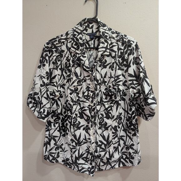 Women's black & white roll tab sleeve collared button up linen shirt plus size - Picture 1 of 9